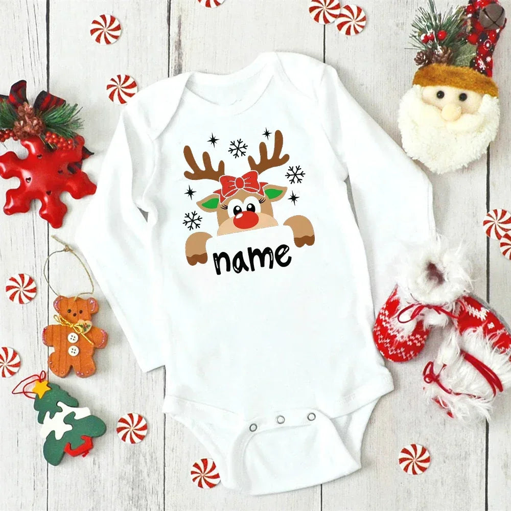 Custom Name Baby Christmas Bodysuits Personalised Deer Newborn Clothes Boys Girls Long Sleeve Jumpsuit Xmas Party Infant Outfits