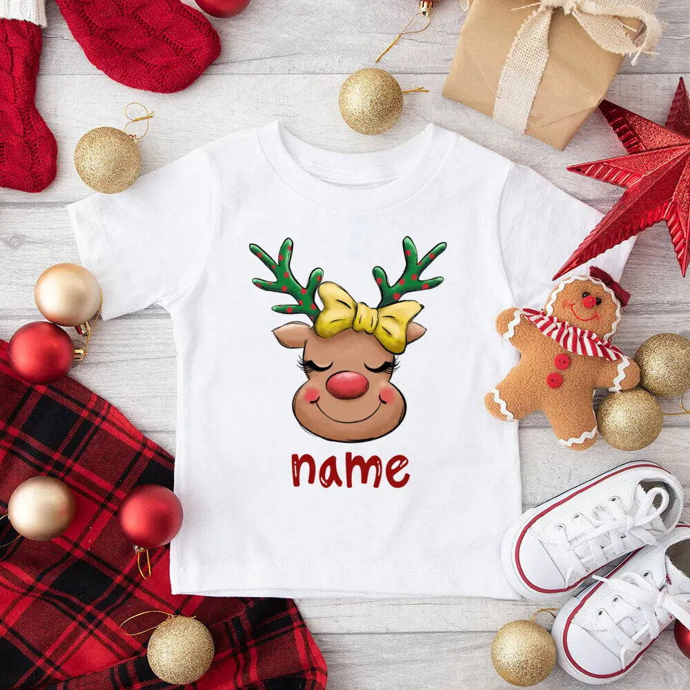 Personalized Kids Christmas Shirts Deer Snowman with Name Clothes Tops Boys Girls Xmas Party Outfit Children Holiday T-shirt Tee