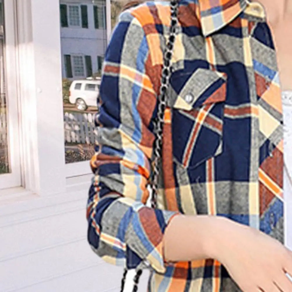 Women Autumn Winter Shirt Coat Plaid Print Lapel Long Sleeve Pockets Single Breasted Jacket Thick Fleece Lining Casual Outerwear