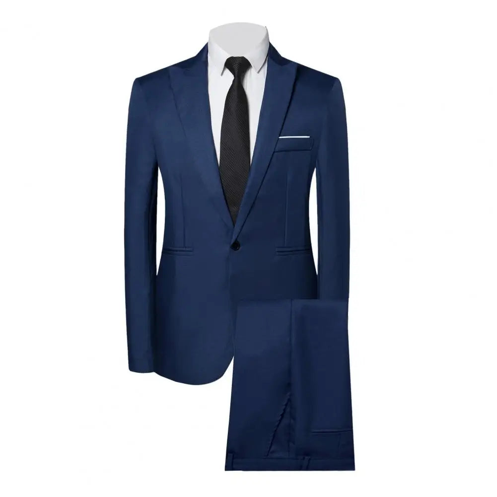 2Pcs/Set Men Business Outfit Lapel Long Sleeve Single Breasted Suit Coat Solid Color Suit Pants Set Slim Fit Workwear