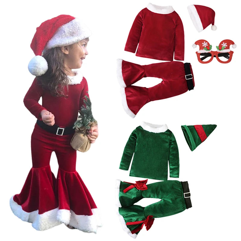 2024 Girls Boys Christmas Cosplay Long Sleeve Bell Bottom Velvet Suit Carnival Party Santa Claus Kids Costume