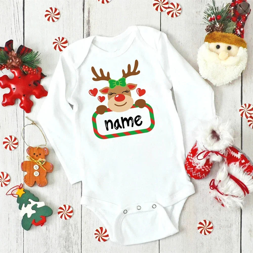 Custom Name Baby Christmas Bodysuits Personalised Deer Newborn Clothes Boys Girls Long Sleeve Jumpsuit Xmas Party Infant Outfits