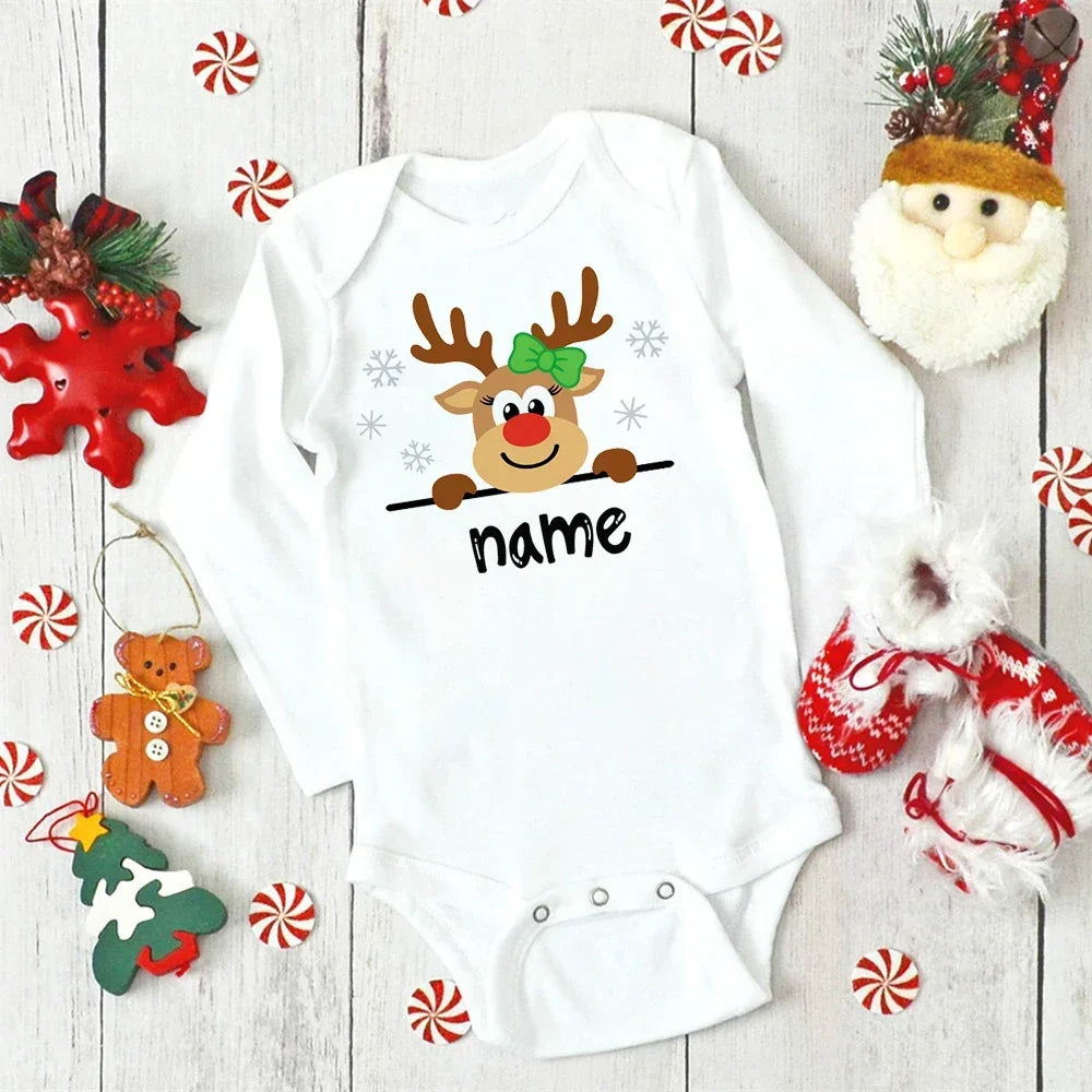 Custom Name Baby Christmas Bodysuits Personalised Deer Newborn Clothes Boys Girls Long Sleeve Jumpsuit Xmas Party Infant Outfits