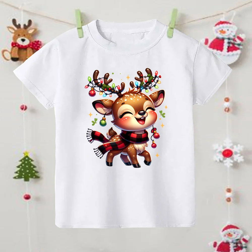 Cute Christmas Reindeer Baby Shirts Kids Round Neck TShirt Children Xmas Party Costume Toddler Short Sleeve Tee