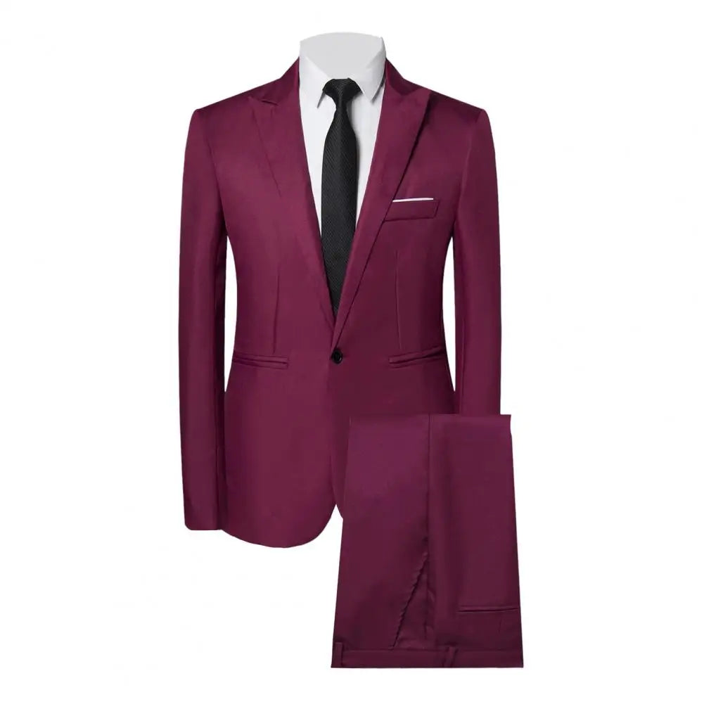 2Pcs/Set Men Business Outfit Lapel Long Sleeve Single Breasted Suit Coat Solid Color Suit Pants Set Slim Fit Workwear