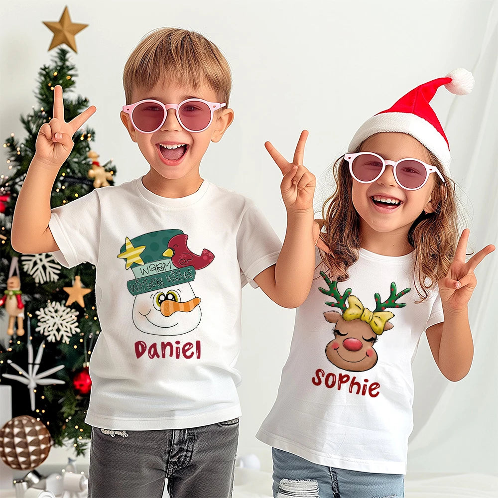 Personalized Kids Christmas Shirts Deer Snowman with Name Clothes Tops Boys Girls Xmas Party Outfit Children Holiday T-shirt Tee